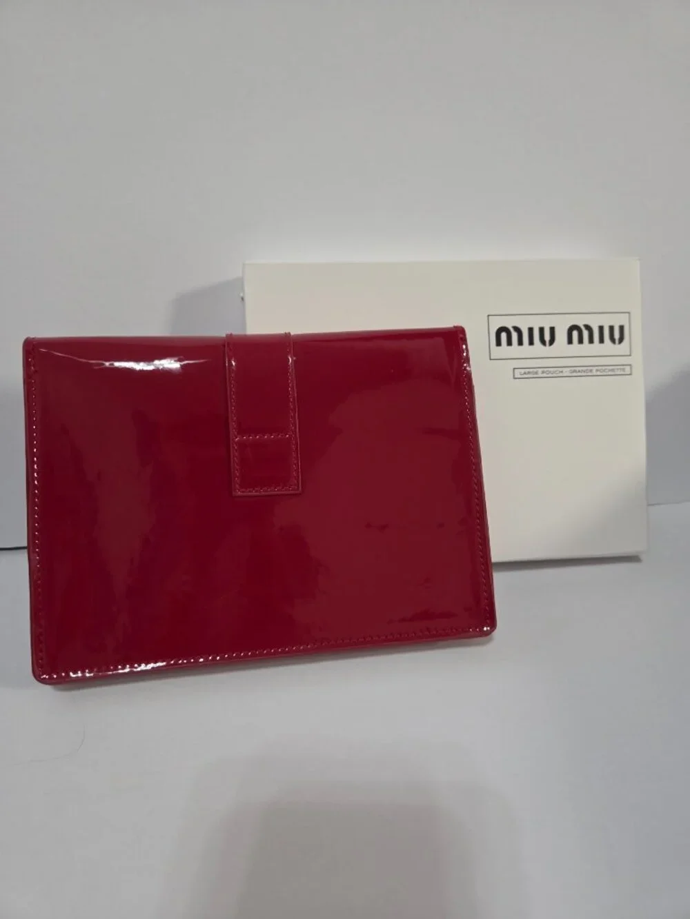 Miu Miu Red Patent Large Pouch Clutch Gold Latch With Box